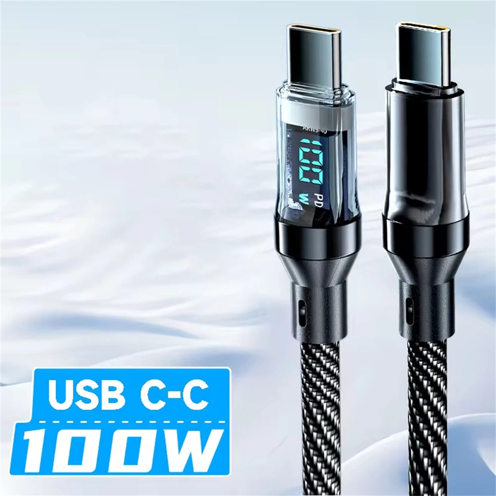 USB C-C cable with digital display on a white background
