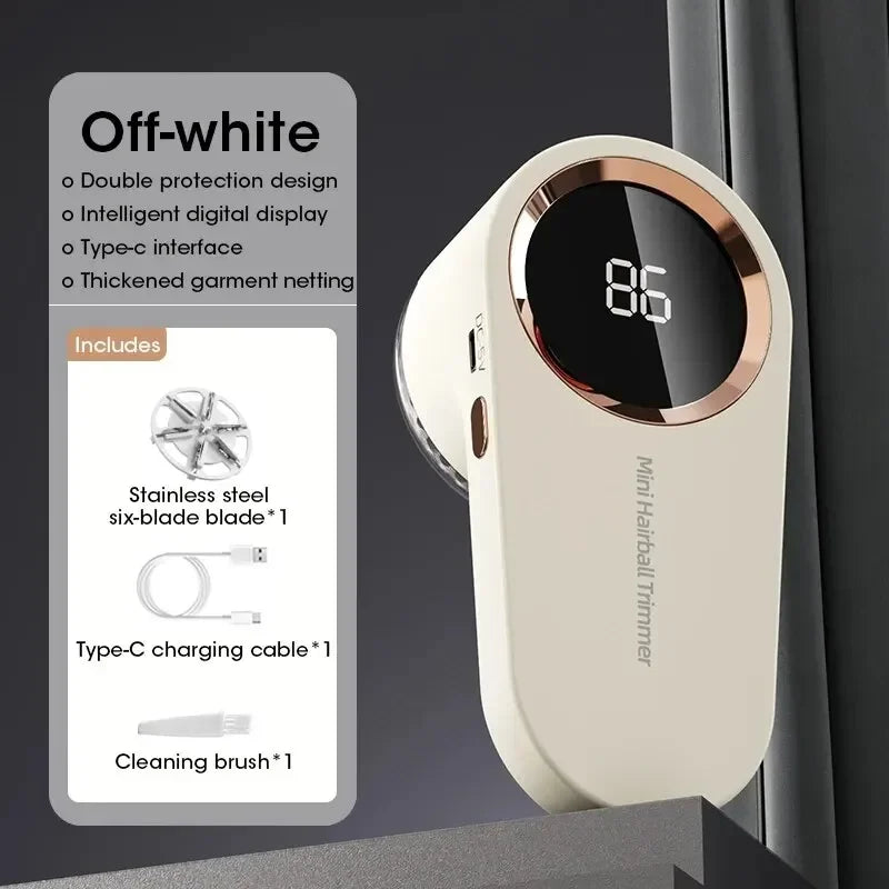 Off-white hairball trimmer with digital display on a dark background