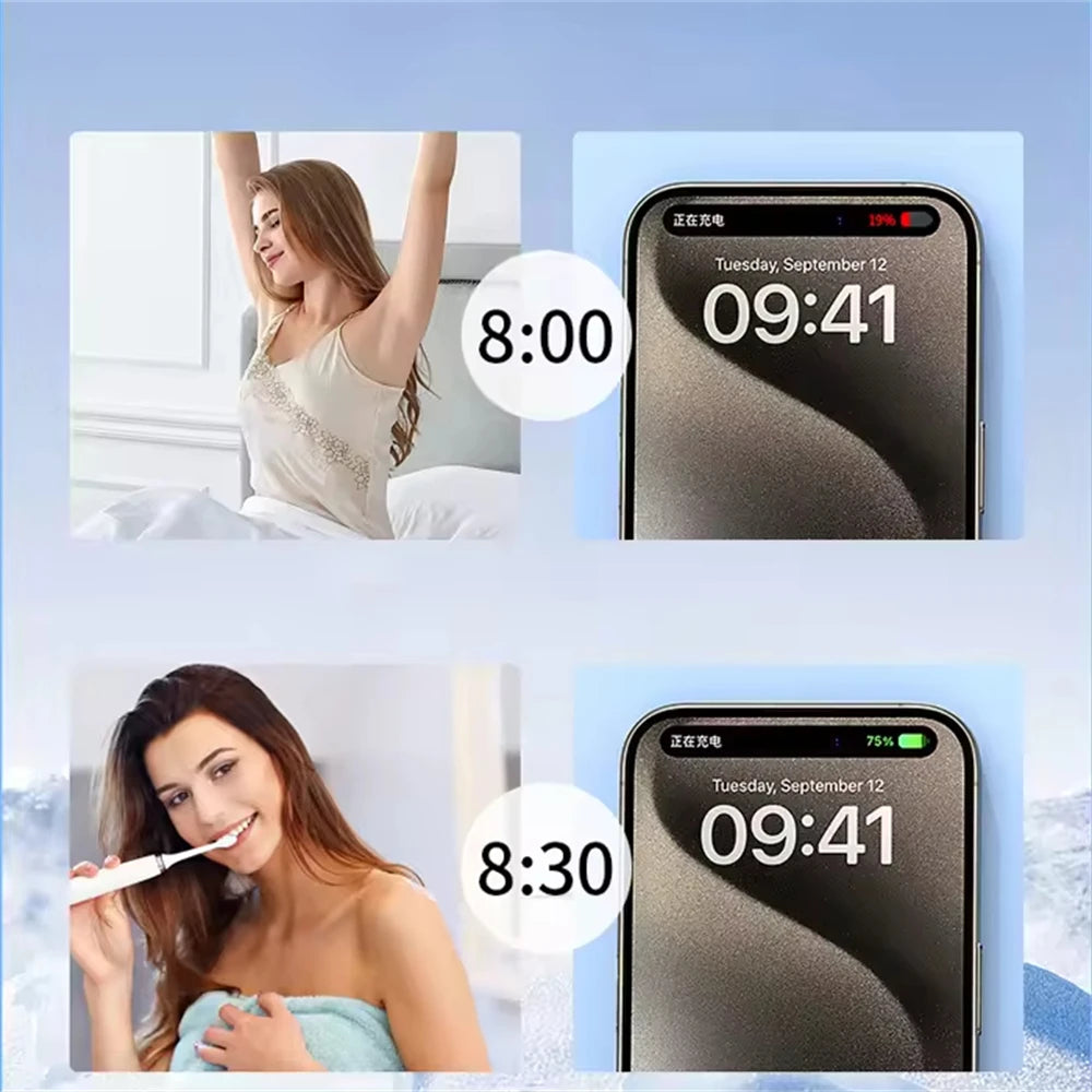 Collage of a woman waking up, checking her phone, and brushing her teeth with time stamps showing how fast that phone is charging.