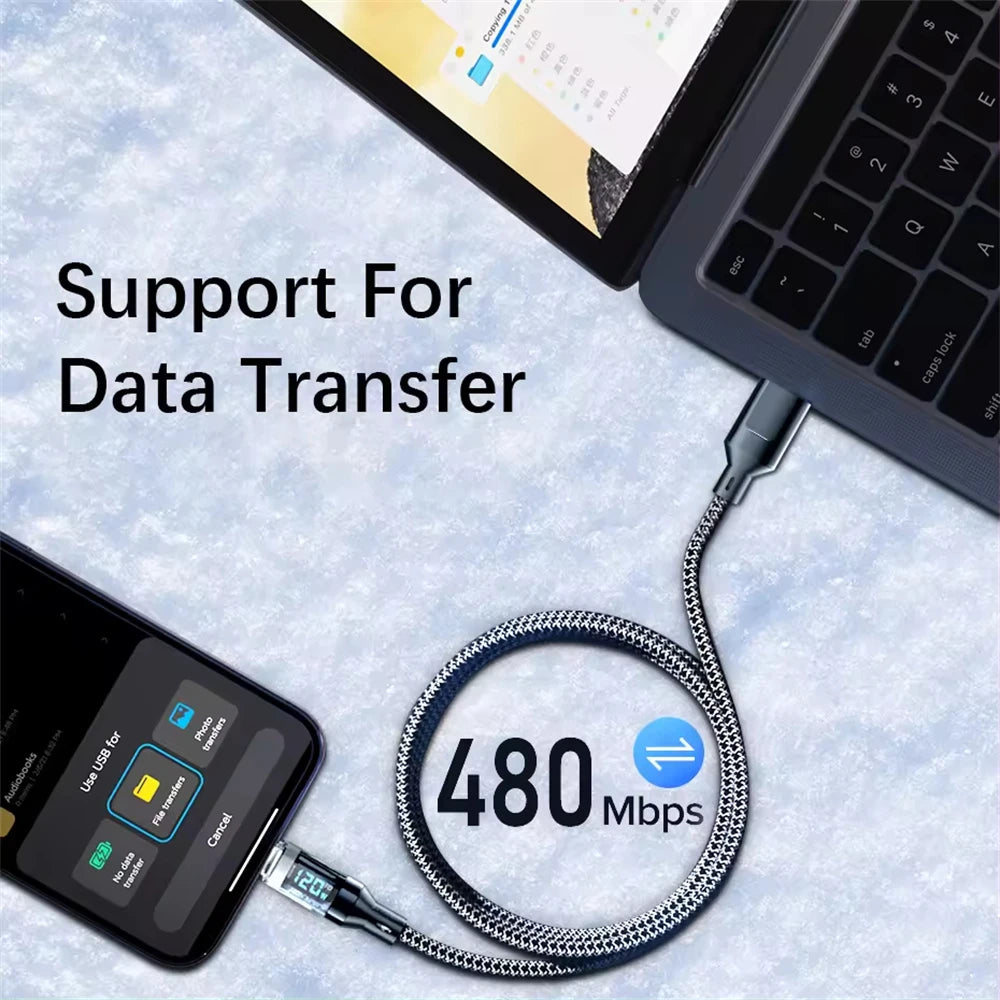 USB cable connecting a smartphone to a tablet with text 'Support For Data Transfer' at '480 Mbps speed'.
