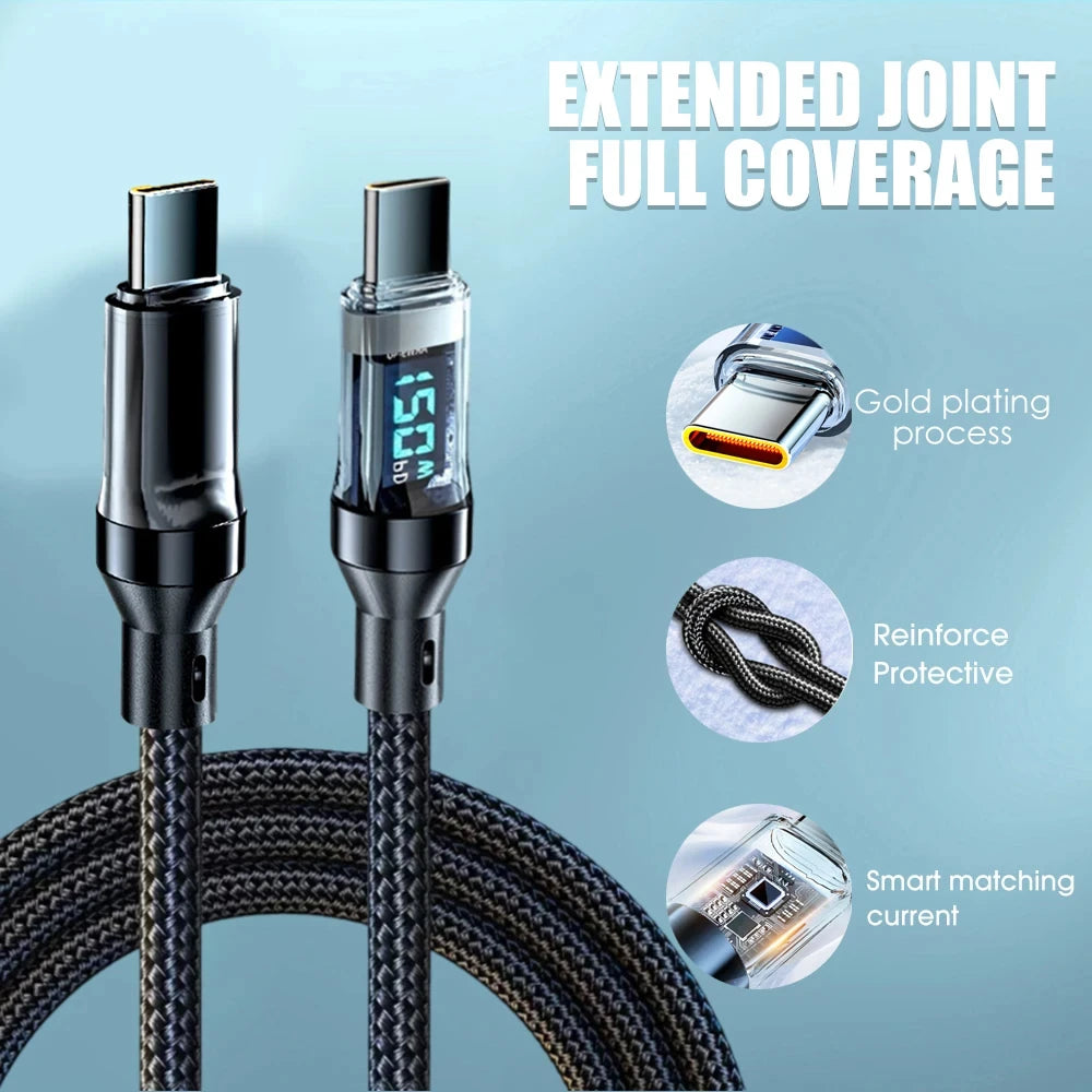 Digital charging cable with extended joint and full coverage features on a light blue background.