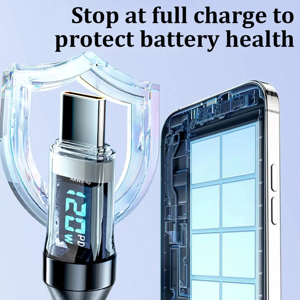 Battery charger with digital display and shield icon on a light blue background showing it will not over charge the device and it'll stop pushing power once device reaches full charge.