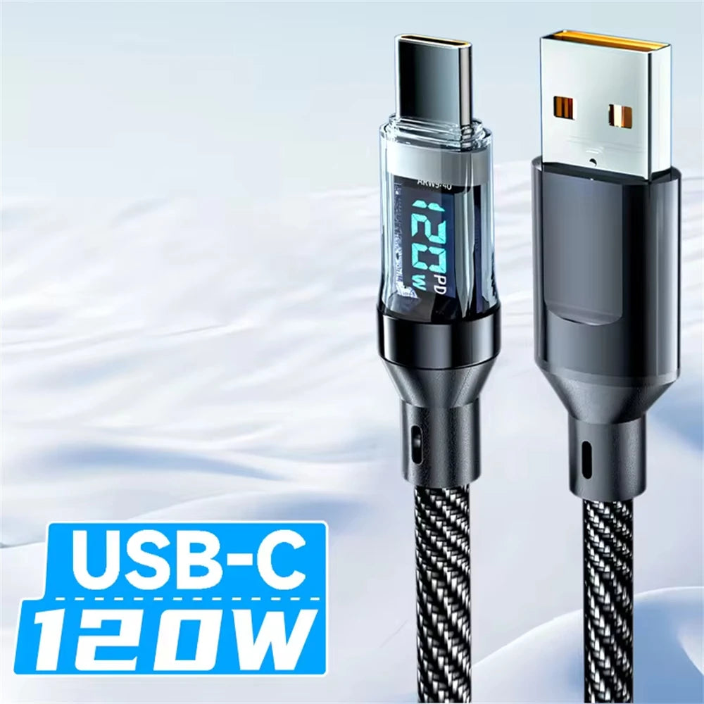 USB-C to USB cable with digital display on a white background
