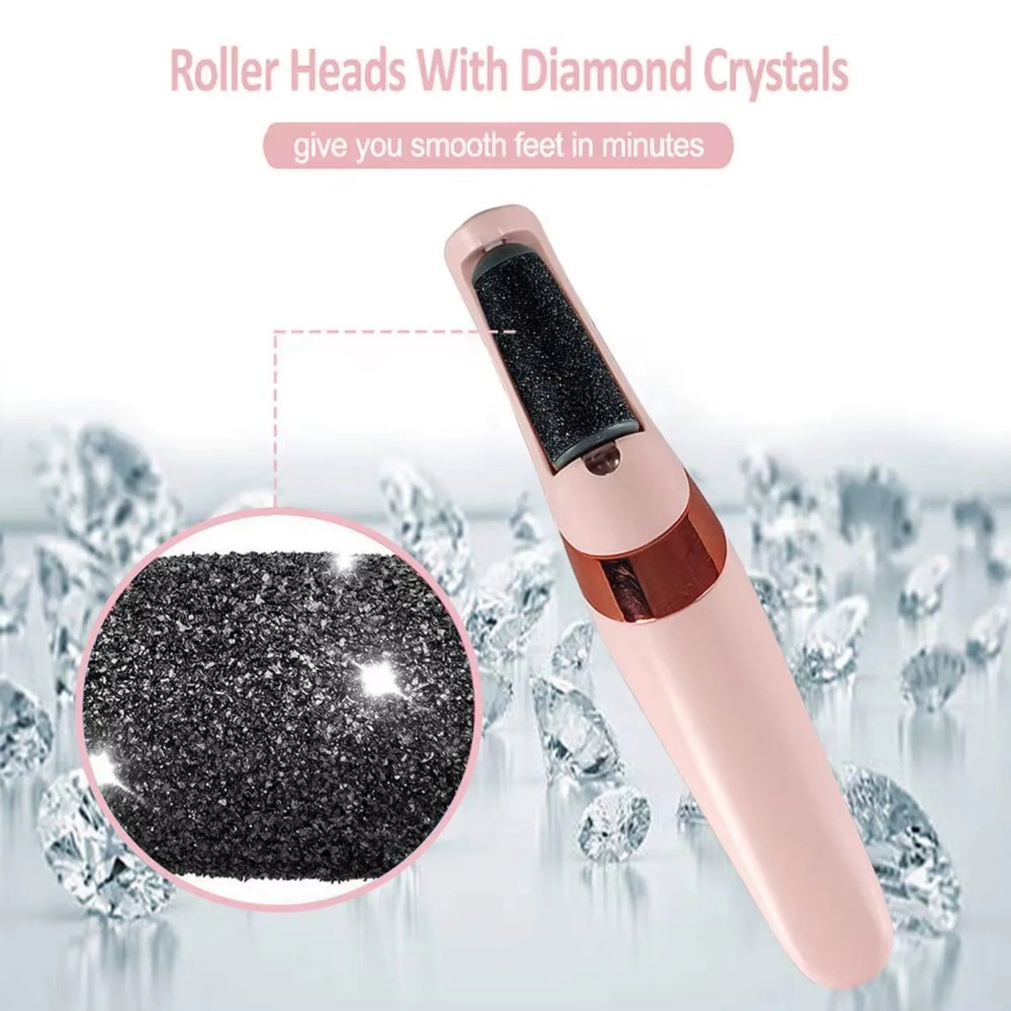An electric callus foot scrubber with diamond crystals on a light background