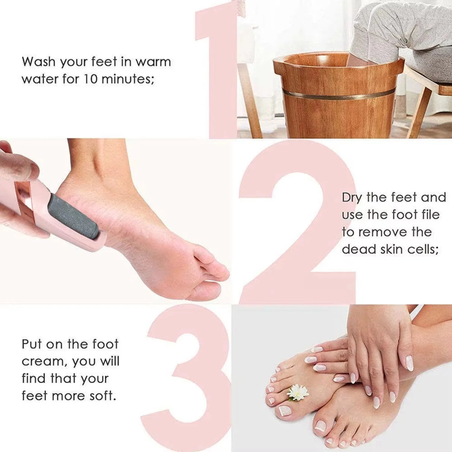Step-by-step guide on foot care with images of washing, drying, and applying cream.
