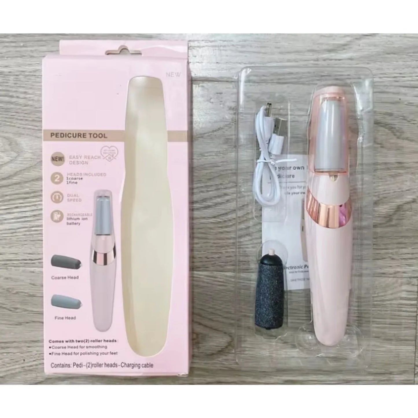 An electric callus with packaging on a wooden surface