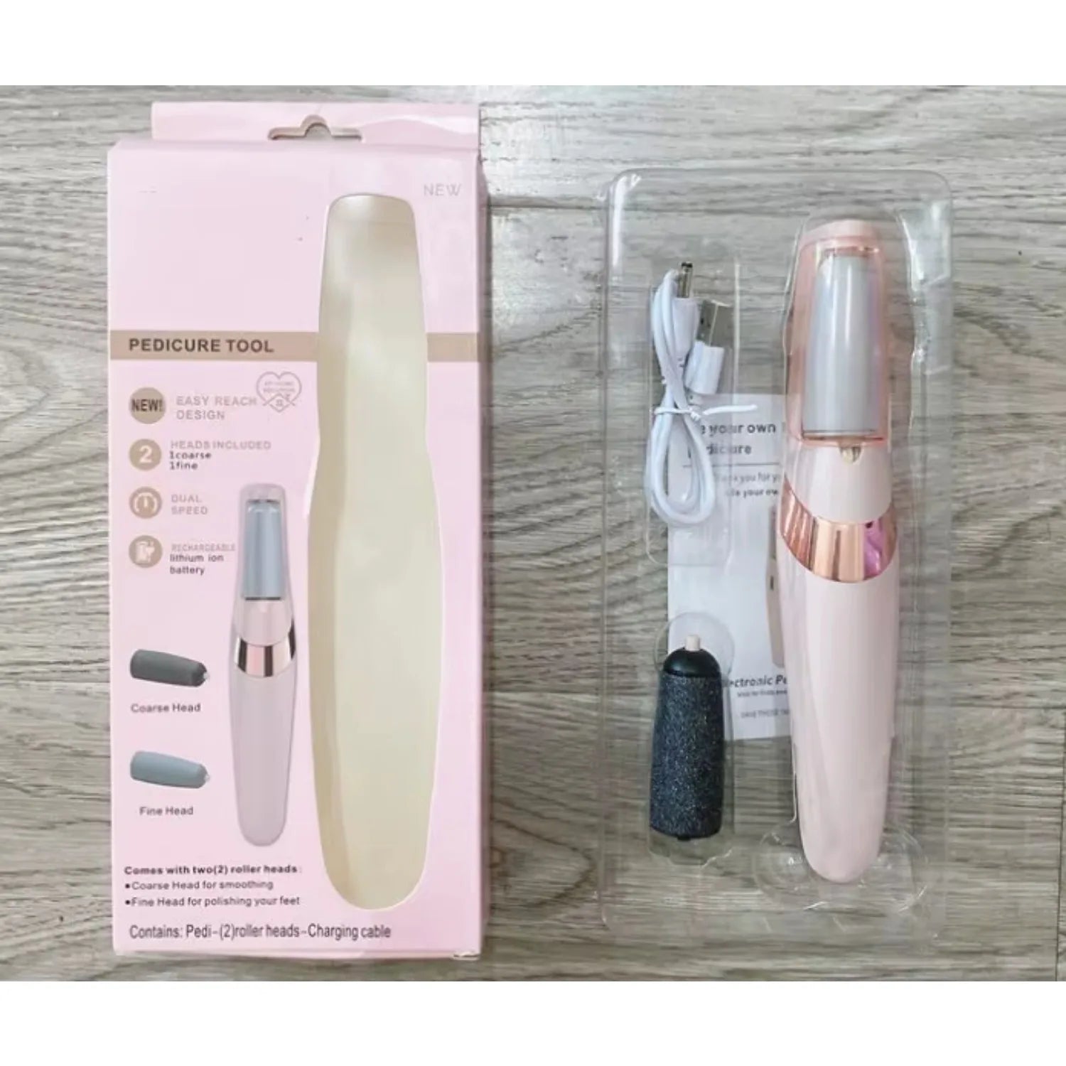 An electric callus with packaging on a wooden surface