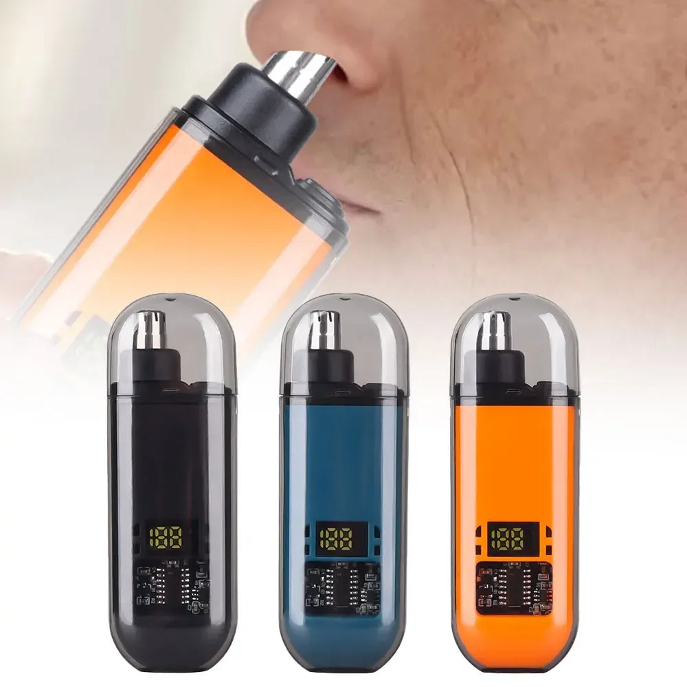 Electric ear and nose hair trimmer with digital display and three color options on a white background