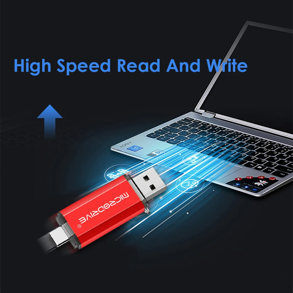 Red USB drive with a laptop in the background, highlighting high-speed read and write capabilities.