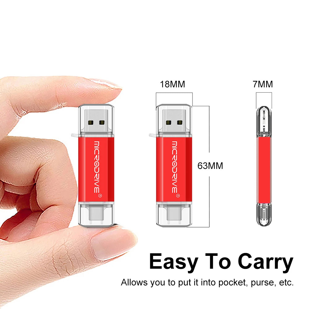 Red USB flash drive held by a hand with dimensions and pocket-friendliness text on a white background
