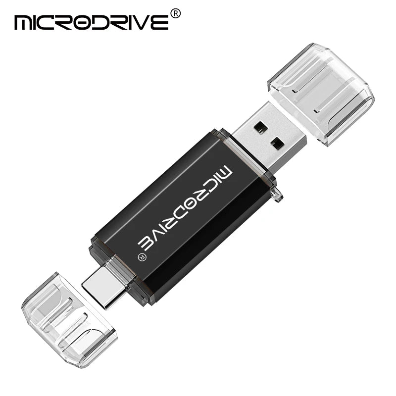 Black USB flash drive with dual connector on a white background