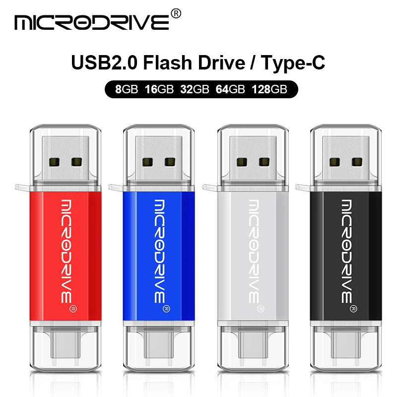 Four USB flash drives in red, blue, silver, and black with Microdrive branding on a white background.