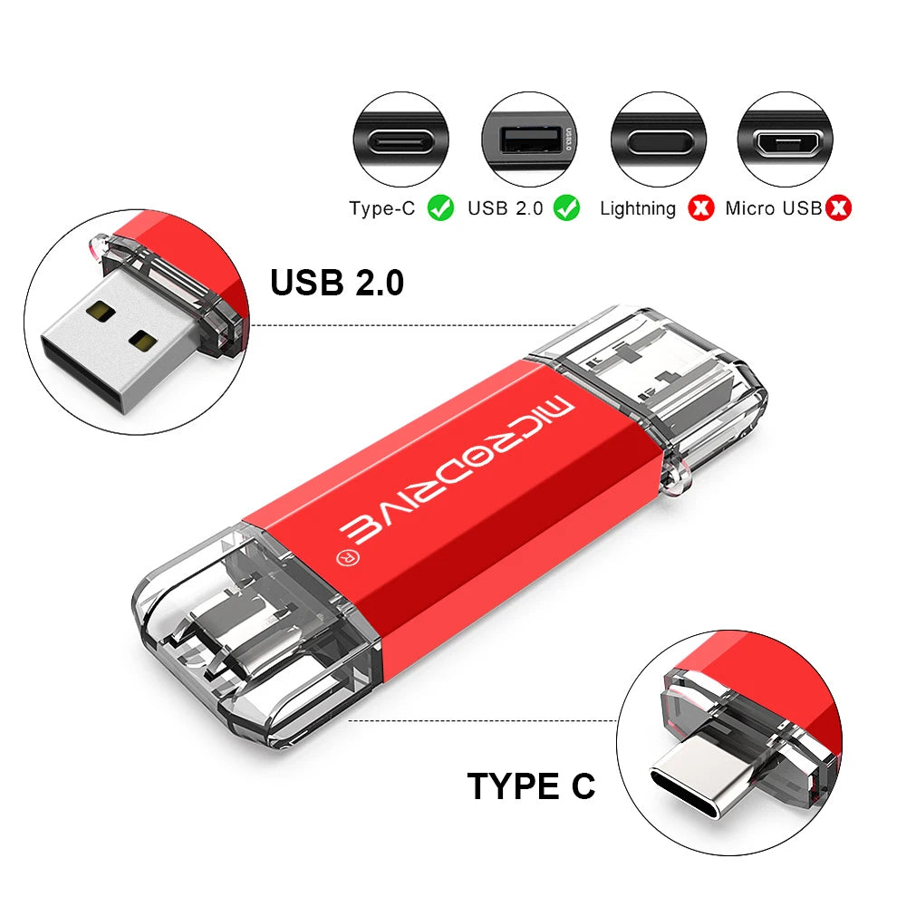 Red USB flash drive with Type-C and USB 2.0 connectors on a white background