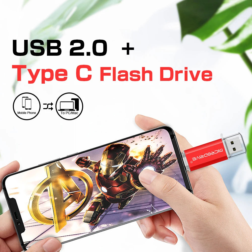 Person holding a smartphone with an Avengers app and a Type C flash drive plugged to it, with text about USB 2.0 and Type C Flash Drive
