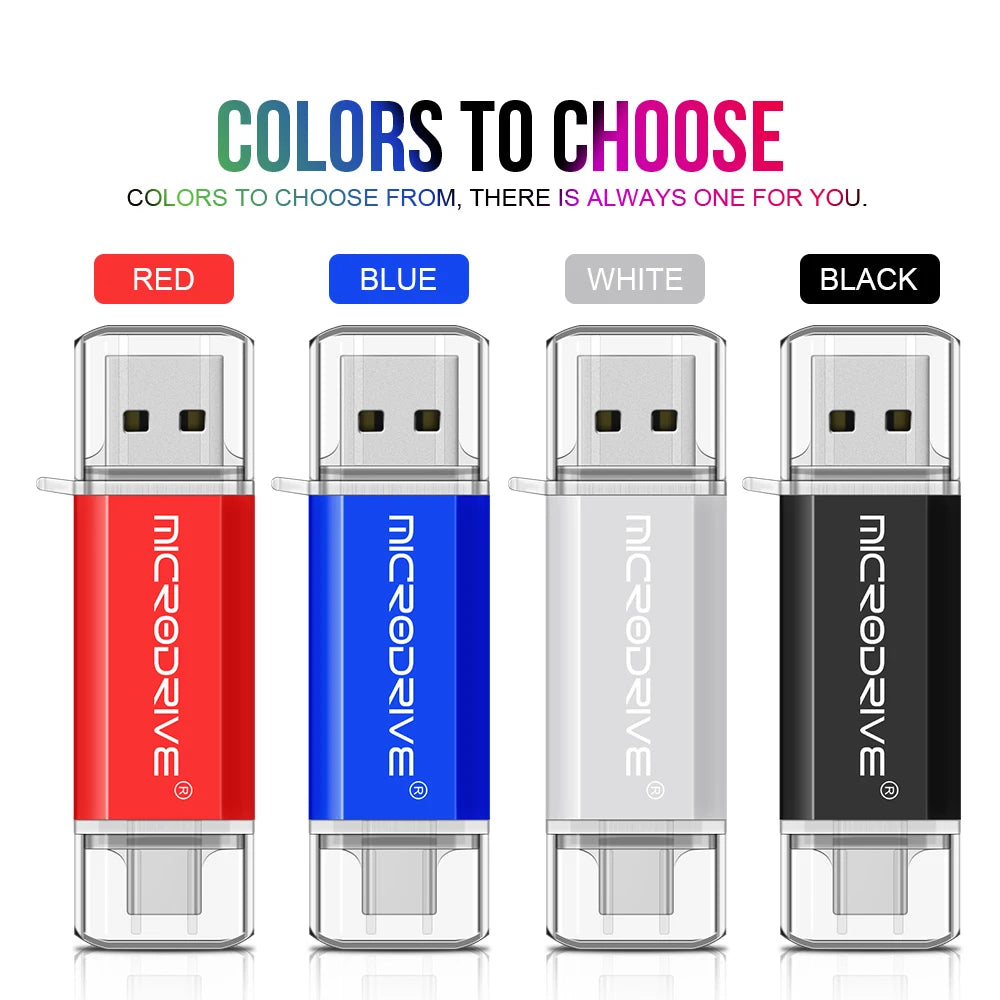 Four USB drives in red, blue, white, and black.