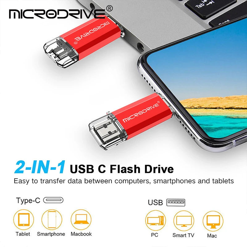 2-in-1 USB C flash drive attached to a smartphone with text highlighting its features.