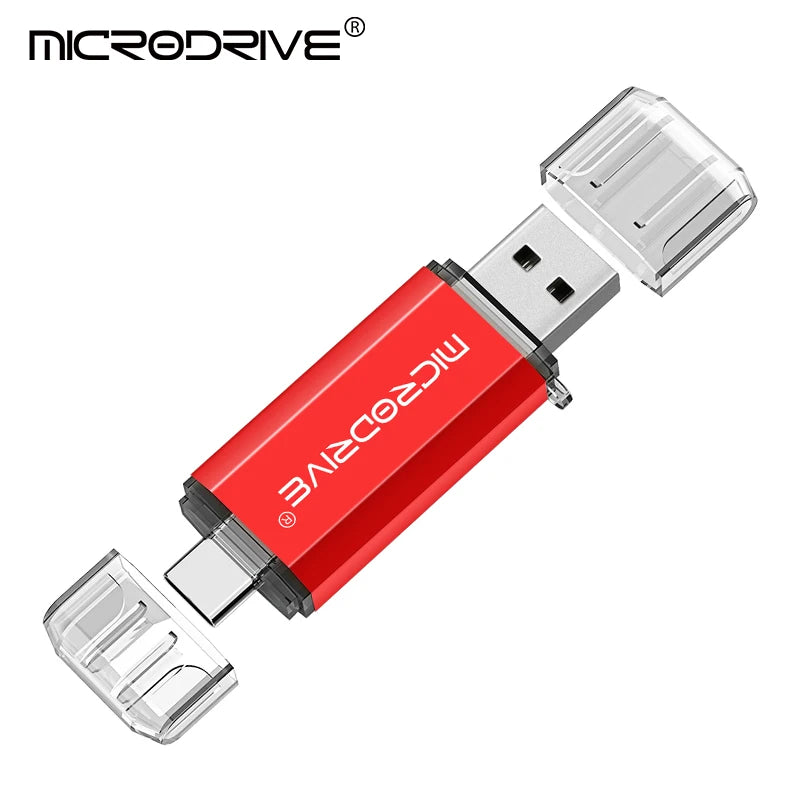 Red USB flash drive with 'MicroDrive' branding on a white background