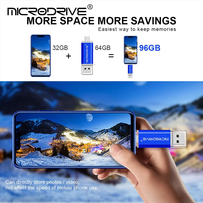 MicroDrive USB C flash drive with smartphone displaying mountain scene, promotional text about storage capacity and benefits.