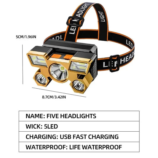 Five-headlight headlamp with USB charging and waterproof features on a white background