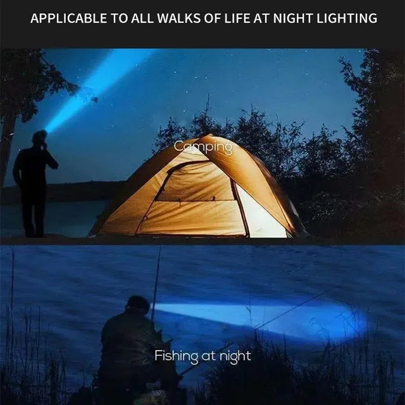 Person using LED Headlamp to light up a tent and another person fishing at night.