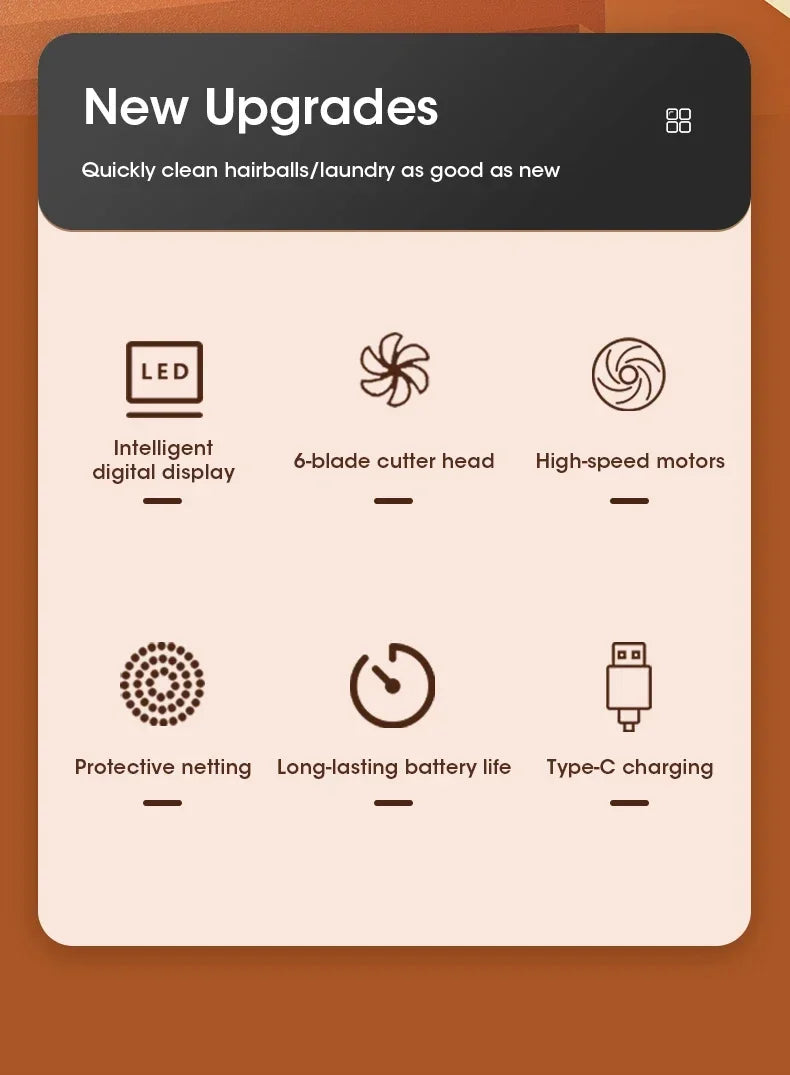 Product features with icons and text on a brown background