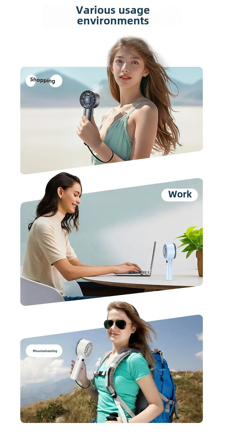 Woman using a handheld fan in various settings: shopping, work, and outdoors.