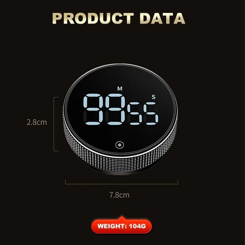 Digital timer with measurement details on a black background