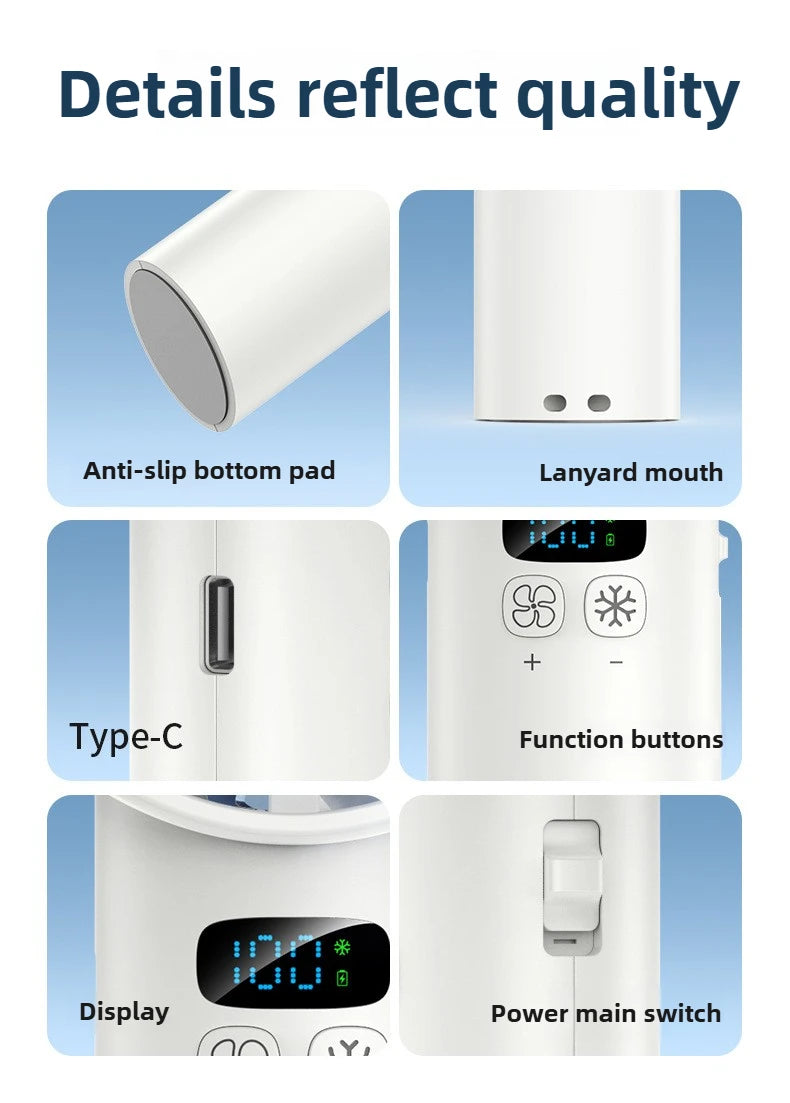Detailed view of a white handheld fan  with labeled features on a blue background.