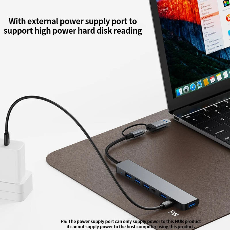 USB hub connected to a laptop with text about external power supply port.