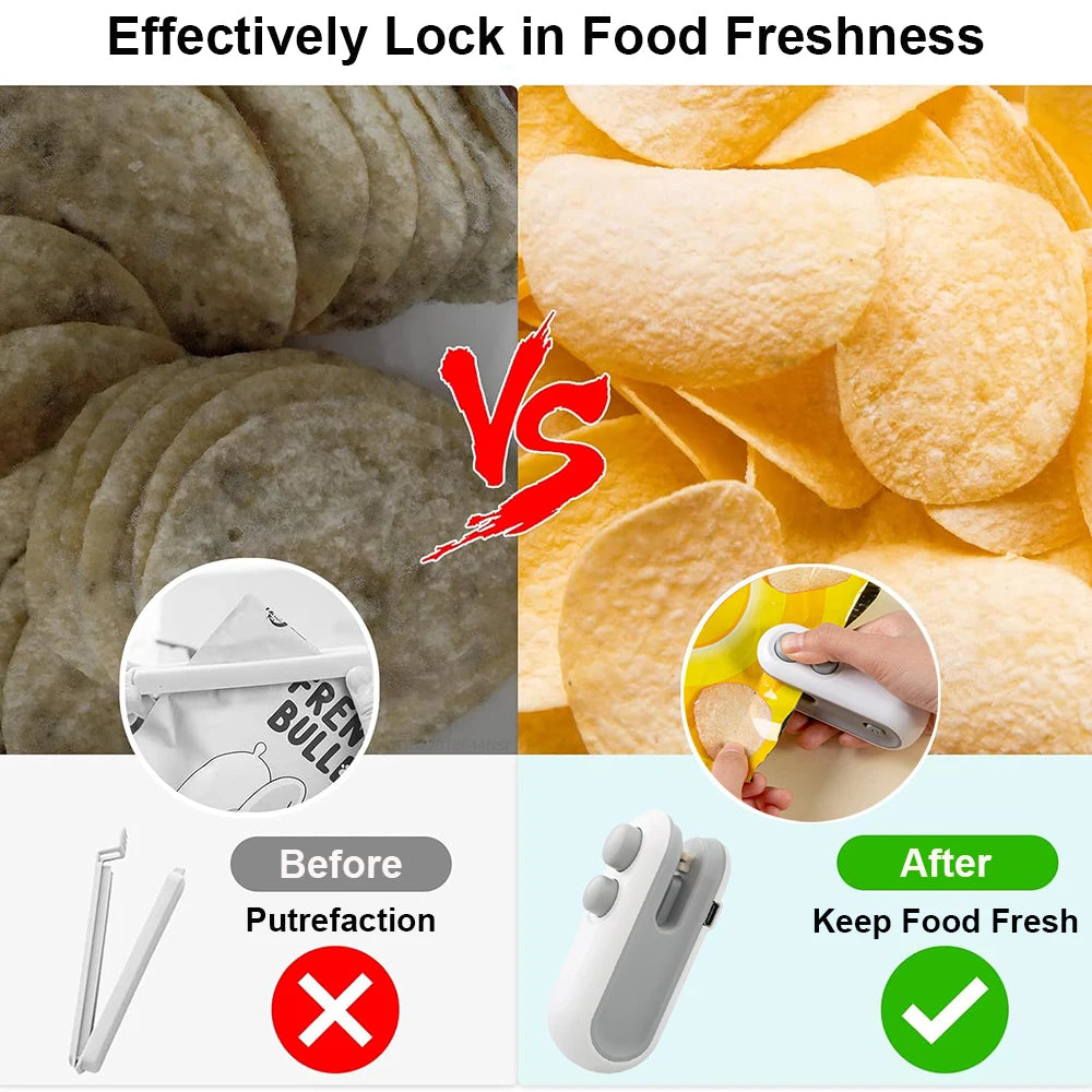 Comparison of food freshness before and after using the handheld mini heat bag sealer for food storage, with before showing putrefaction and after showing fresh food.