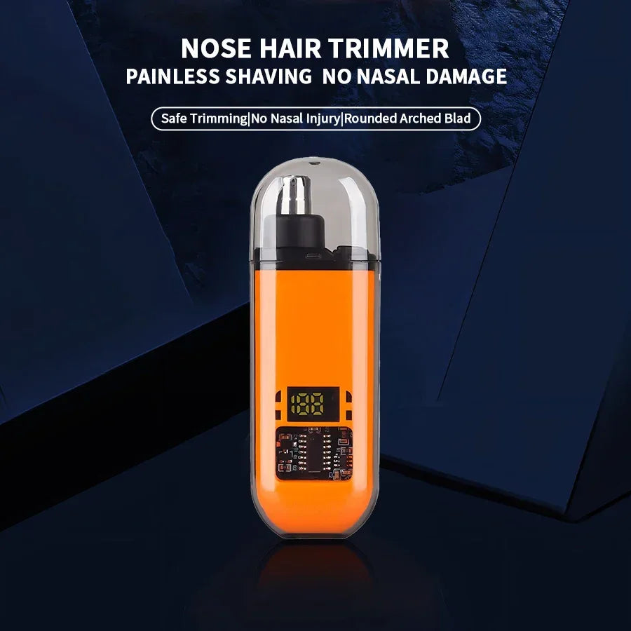 Nose hair trimmer with orange body and transparent cover on a dark background