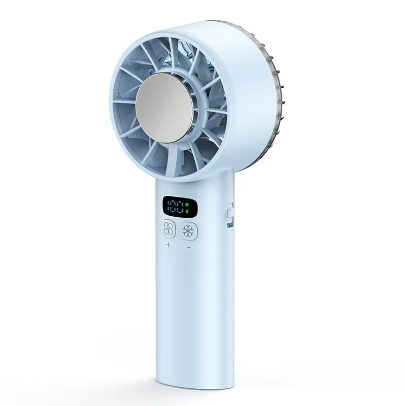 Blue portable hand-held fan with digital display on a white background