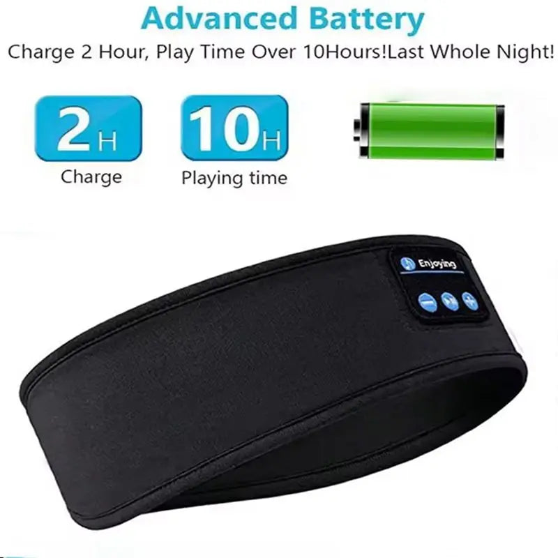 Black headband with battery display and text about battery life on a white background