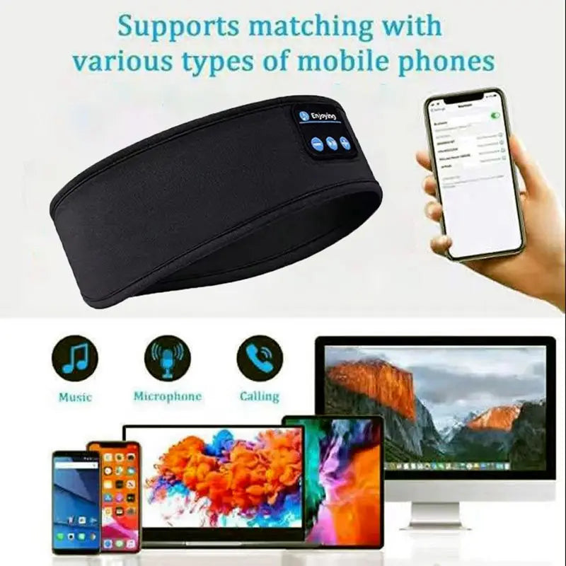 Black Bluetooth headband with smartphone app interface and compatibility with multiple devices on a white background.
