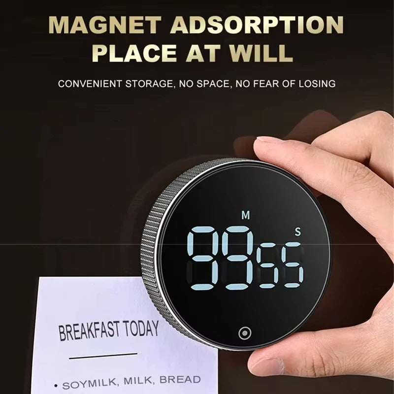 Digital timer held by a hand with text about magnet adsorption and convenience.
