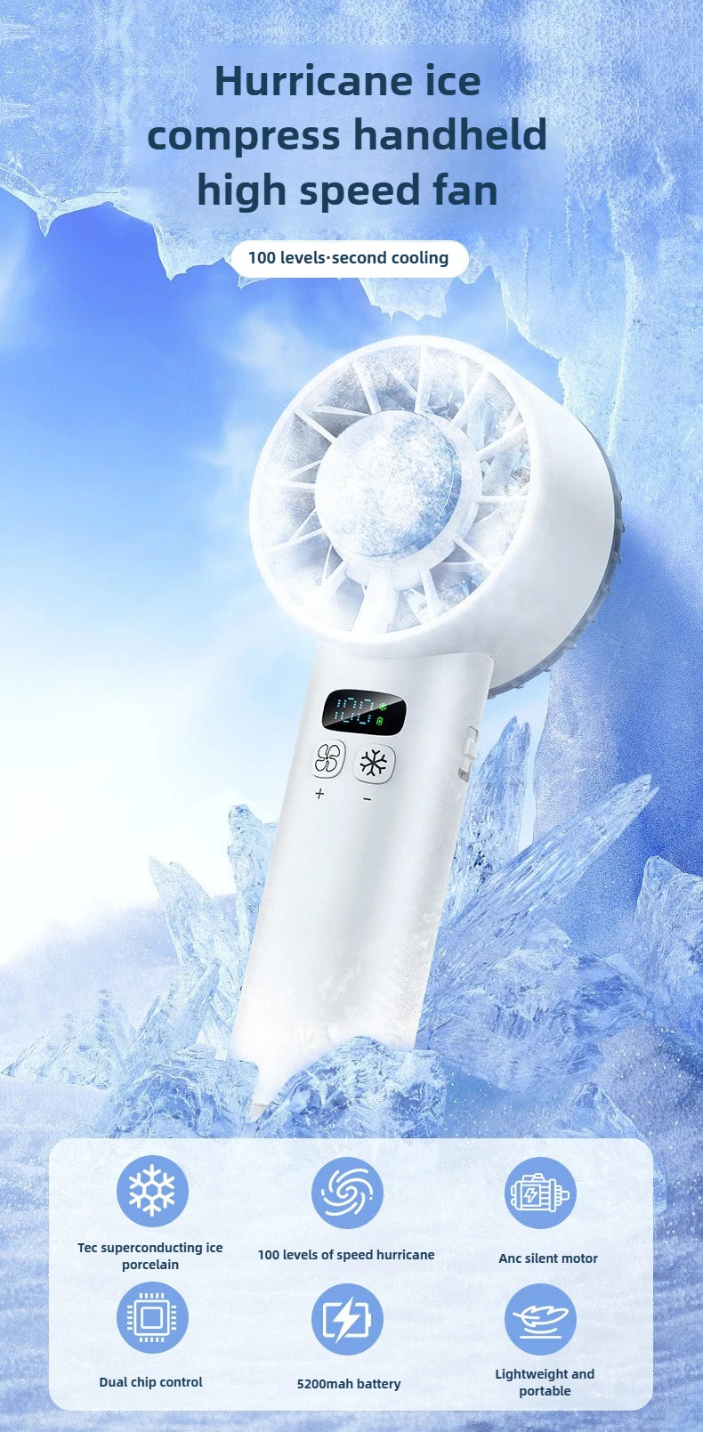 Handheld high-speed fan with ice-compress feature on a blue background