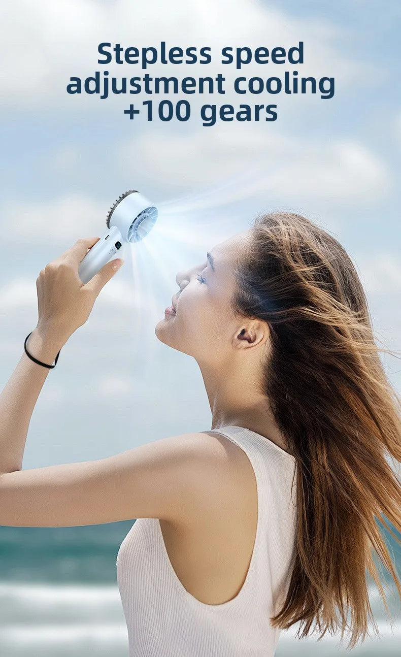 Person using a handheld fan with text about stepless speed adjustment cooling and 100 gears.