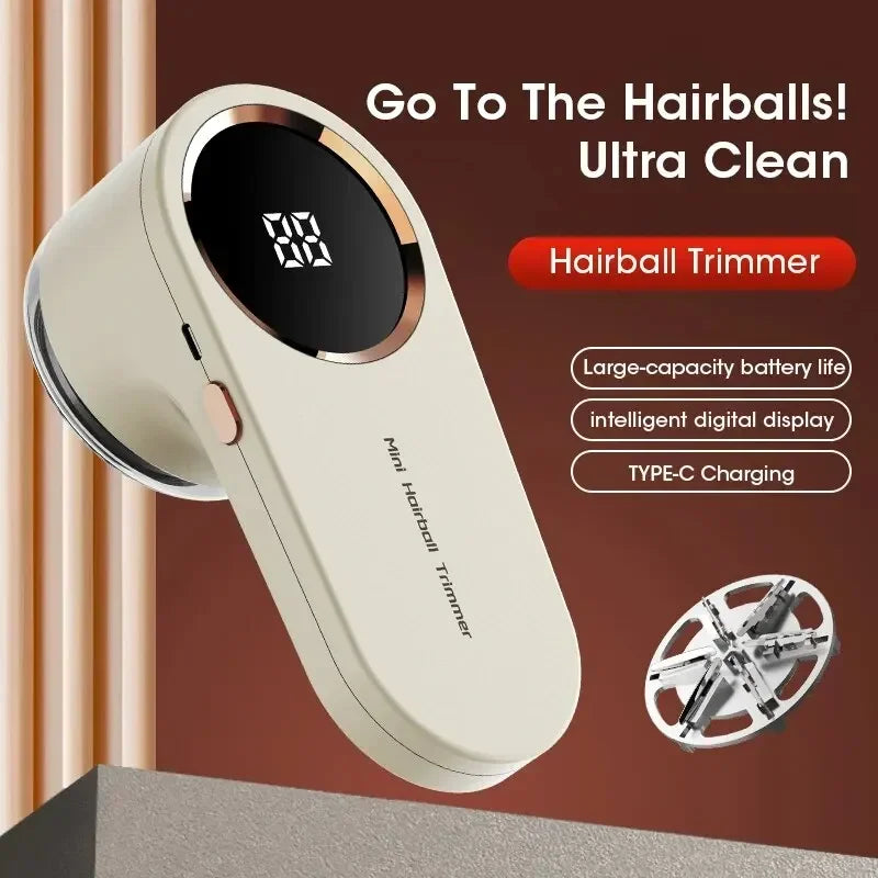 Electric lint remover with digital display and fabric shaver head with digital display on a brown background