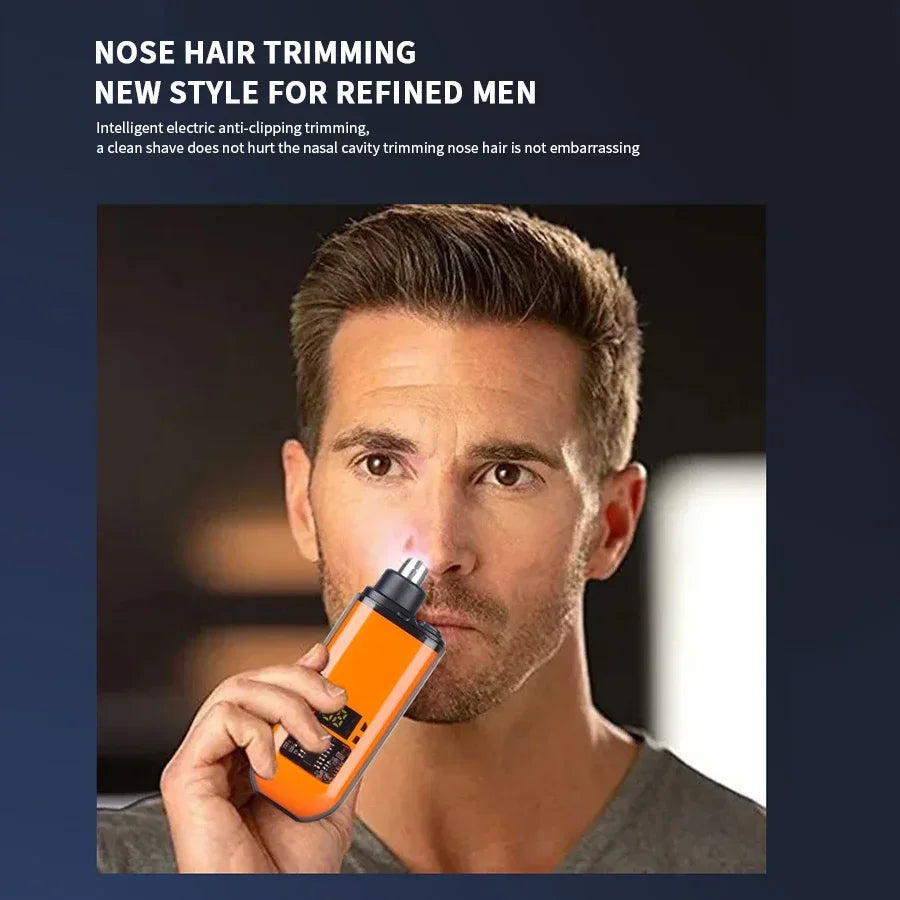 Man using a nose hair trimmer with text about refined men's grooming.