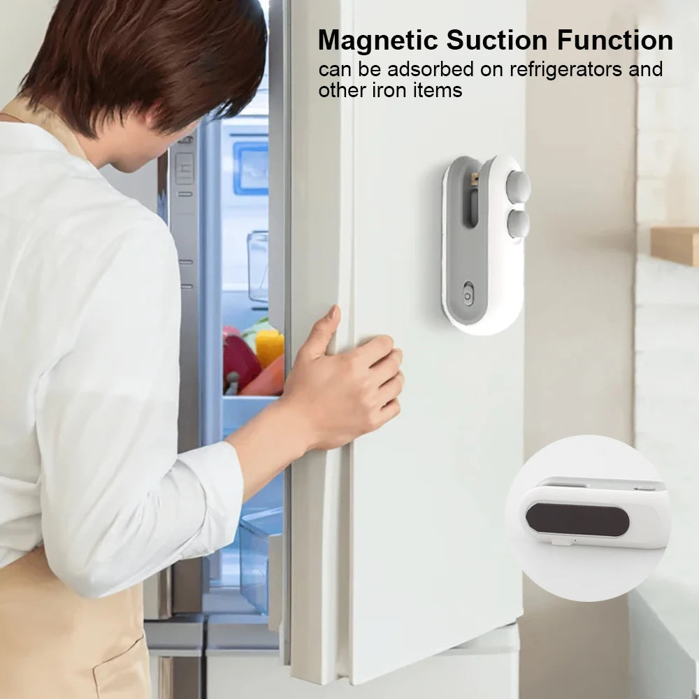 Person using a magnetic suction device on a refrigerator door with text about its function.