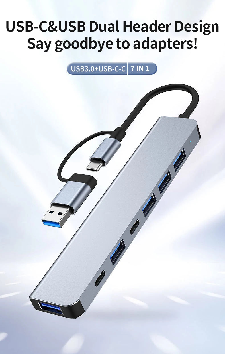 7-in-1 USB-C & USB Dual Header Design on a light blue background