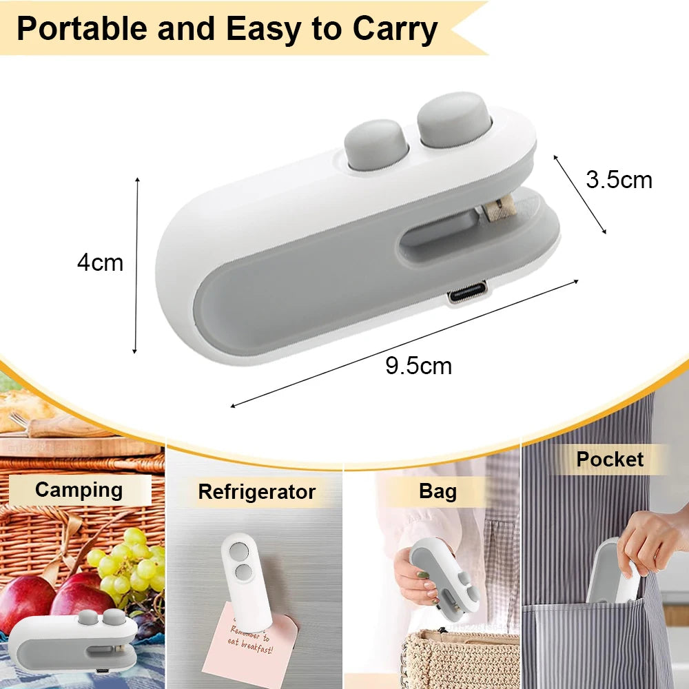 Handheld mini heat bag sealer for food storage with dimensions and usage scenarios on a white background