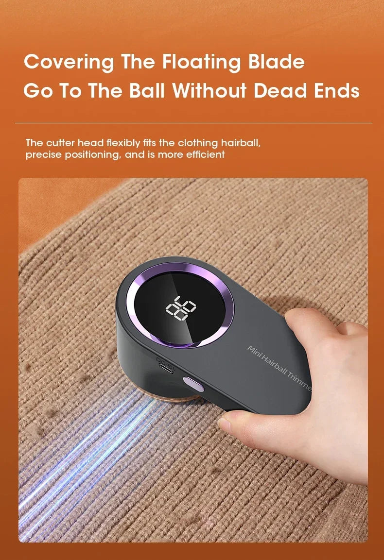 Electric lint remover held by a hand on a textured surface with promotional text.