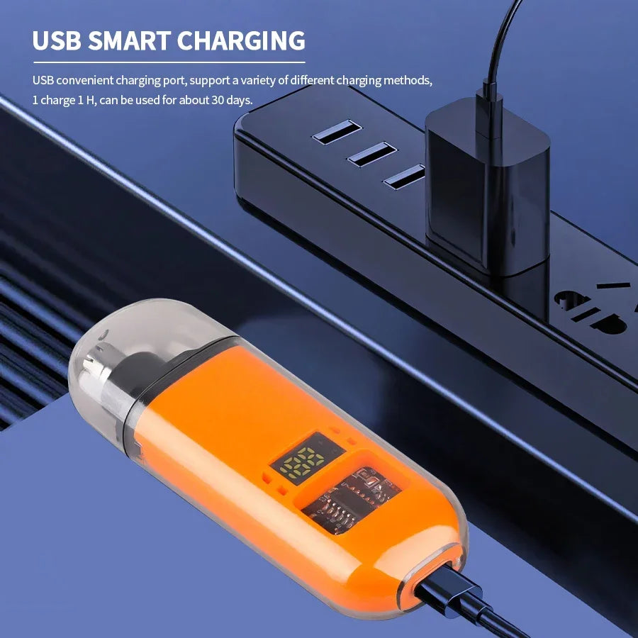 Orange USB smart charging device with digital display on a blue background
