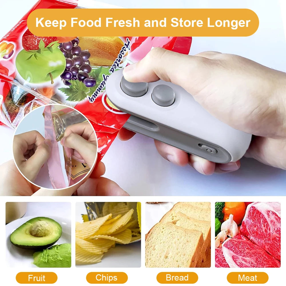Hand using a bag sealer with images of fruits, chips, bread, and meat to demonstrate product use.