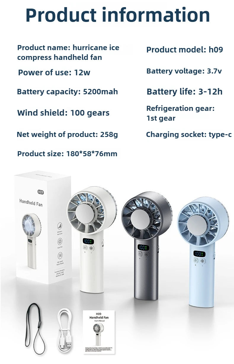 Handheld fan with packaging and specifications on a white background