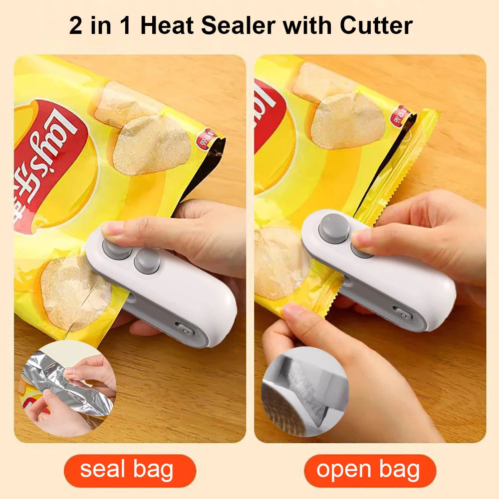 2-in-1 heat sealer with cutter sealing a Lay's potato chip bag on a wooden surface.