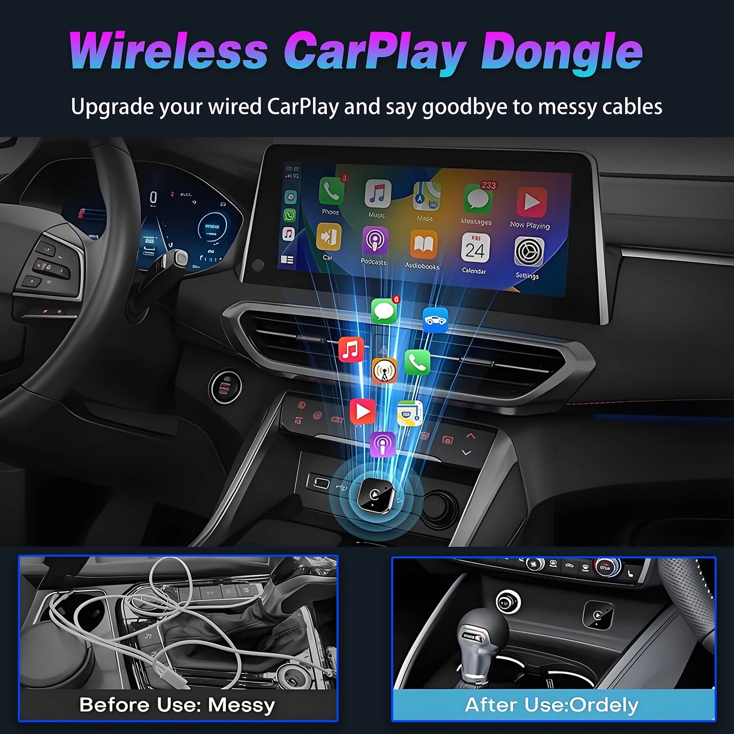 Car dashboard with Wireless CarPlay Dongle setup, showing before and after usage scenarios.
