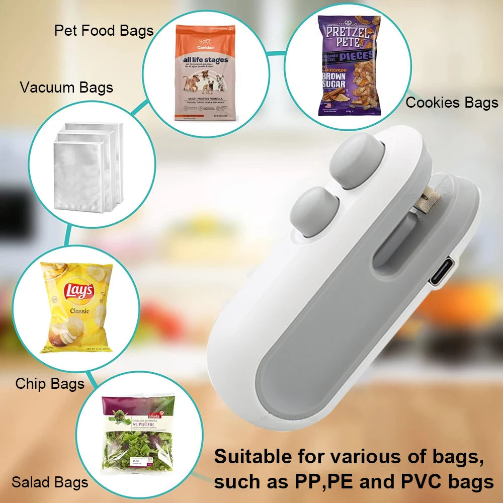 Handheld mini heat bag sealer for food storage with TYPE C port, surrounded by images of various bags on a blurred background