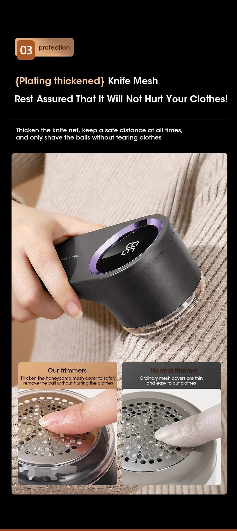 Electric lint remover with knife mesh and text emphasizing that its safer than others on a black background
